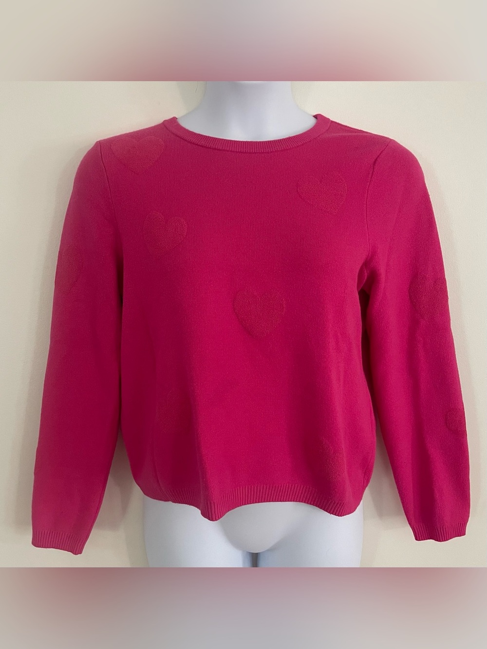 Nicole Miller New York Embossed Textured Heart Knit Crewneck Sweater